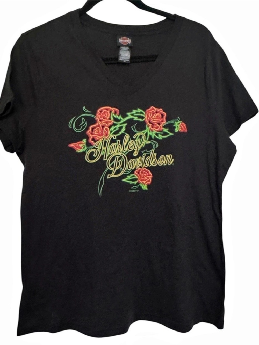 Harley-Davidson Sharp Flower V-Neck Tee Black Red Neon Rose Cyber Biker Y2K Sz L